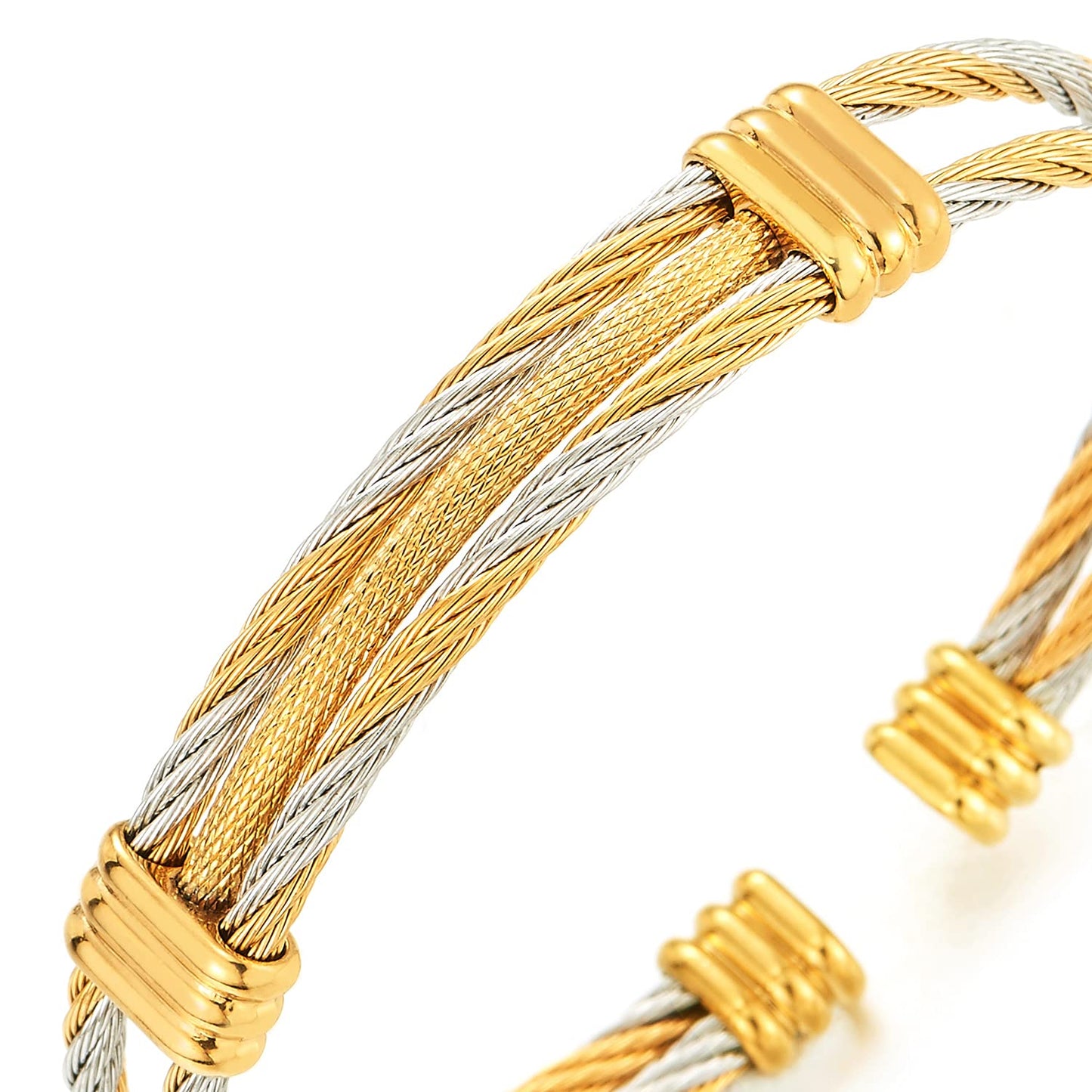 COOLSTEELANDBEYOND Men Women Stainless Steel Twisted Cable Adjustable Cuff Bangle Bracelet Silver Gold Two Tone