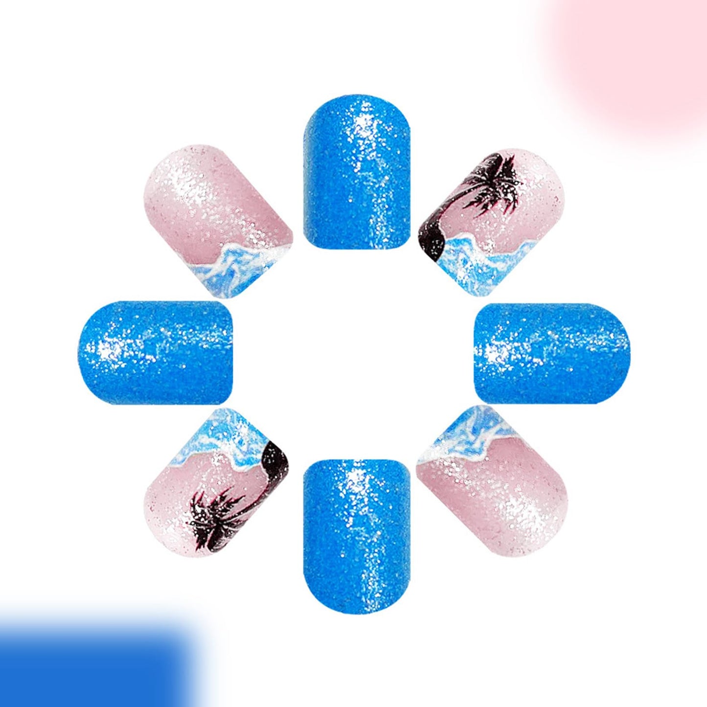 24Pcs Summer Press on Nails Short Square Fake Nails with Sea Wave Coconut Tree Design Acrylic Nails Blue Glitter Glue on Nails Reusable Stick on Nails for Women Spring Summer Nail Art