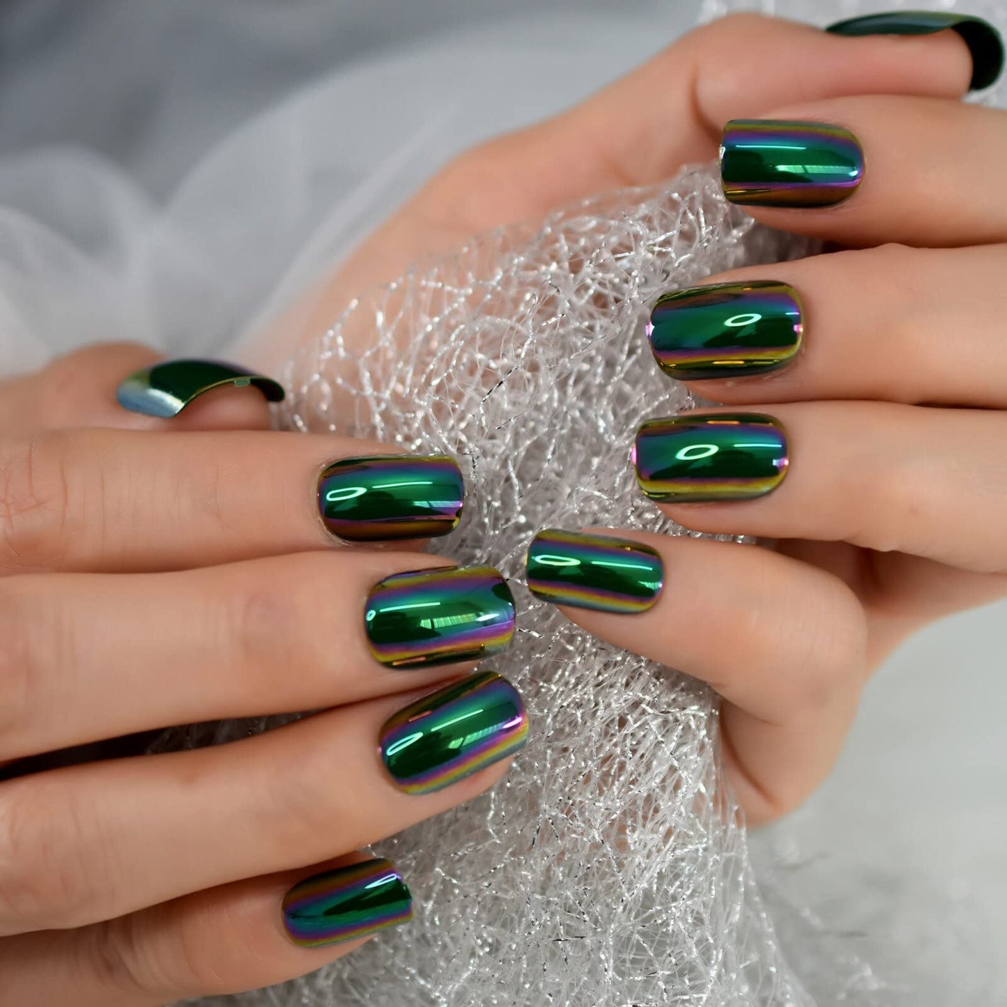 Coolnail Reuseable Green Square Short Nails Mirror Chrome False Nail Reflection Magic Mirror Effect Holo Fake Nails Tips