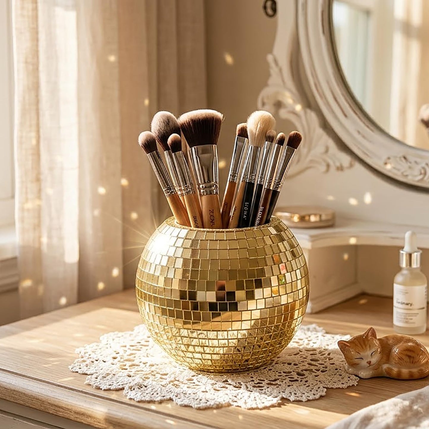 SILFGRLF 2 PCS Disco Ball Pencil Holder for Desk - Cute Office Decor & Makeup Brush Organizer, 4 Inch Sparkly Glass Pen Cup, Fun Desk Accessories for Women (GOLD)
