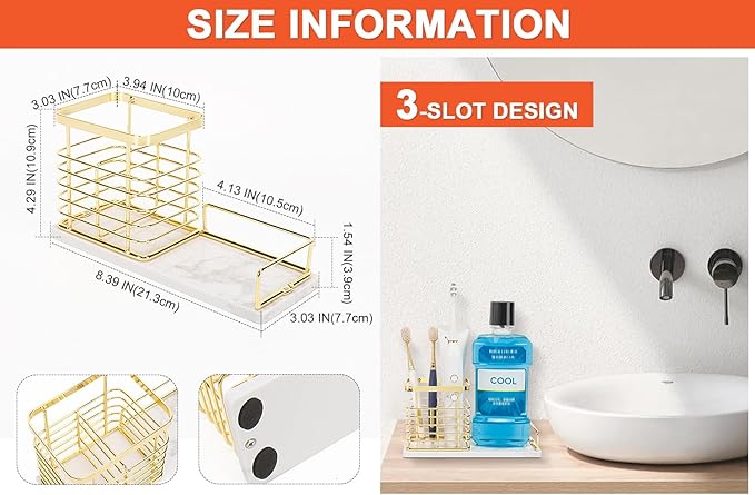 HarJue Toothbrush Holder, Luxurious Metal Toothbrush Toothpaste Holder with Marble Base for Bathroom, Multi-Slots Openwork Design, Bathroom Accessory for Storage and Organizer (Large, Gold)