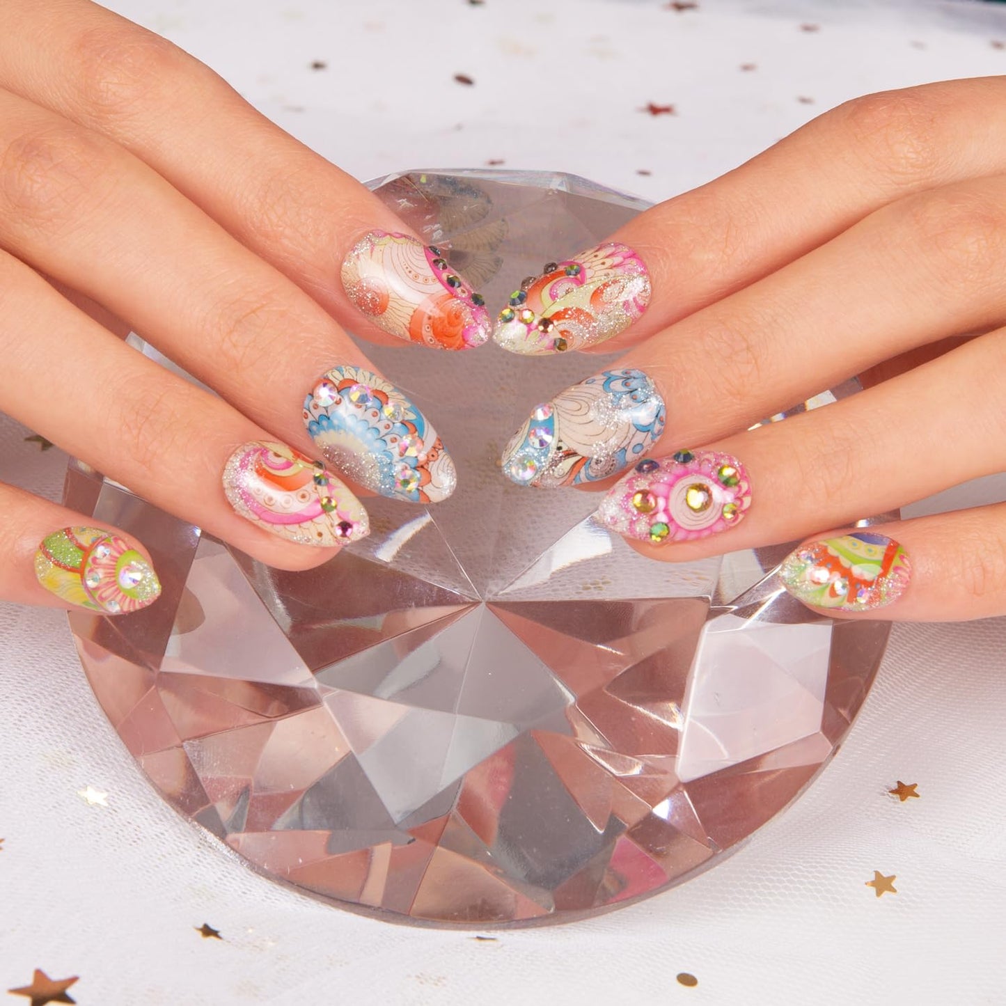 LOVFUL Press on Nails Boho Rhapsody | Handmade with Full Covered Crystals | Reusable Fake Nails | Almond Short 0.8 in | H57-M