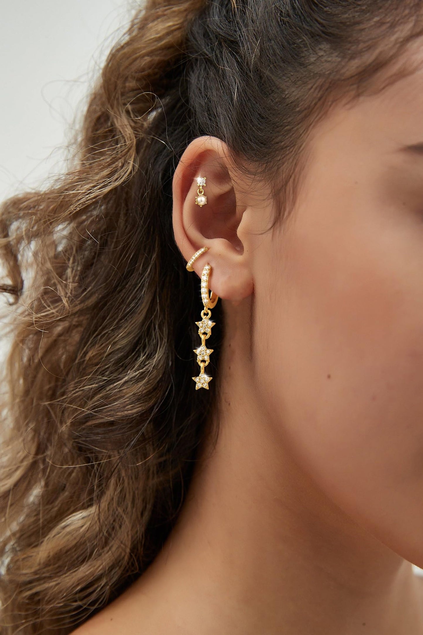 Moodear Dainty Pearl Drop Hoop Earrings for Women - Trendy Stud 14K Gold Plated Dangle Chain Baroque Pearls Hypoallergenic Earring Sets for Multiple Piercing