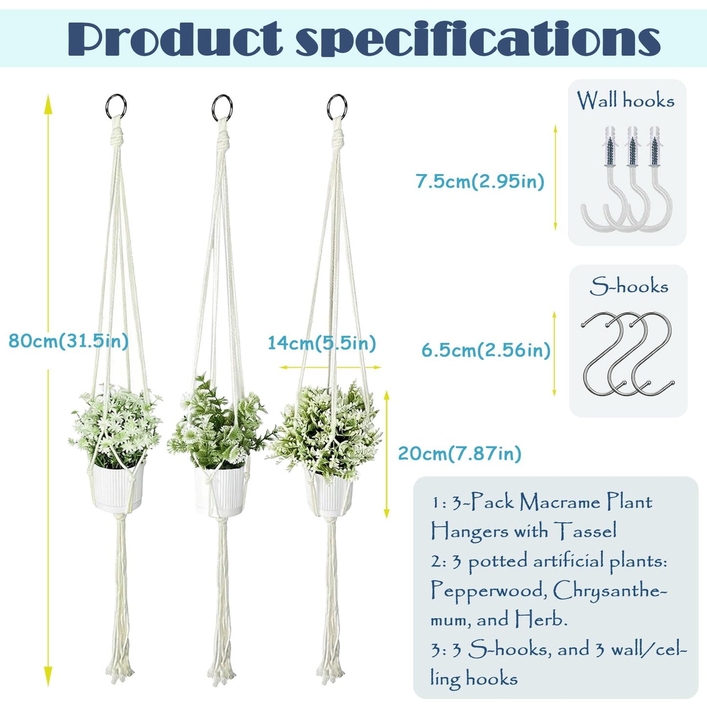 HahaMagic 3 Pack Artificial Hanging Plants Indoor with Macrame Hangers – Fake Hanging Plants Set with Handmade Boho Plant Hangers & Hooks for Home, Kitchen, Office Décor