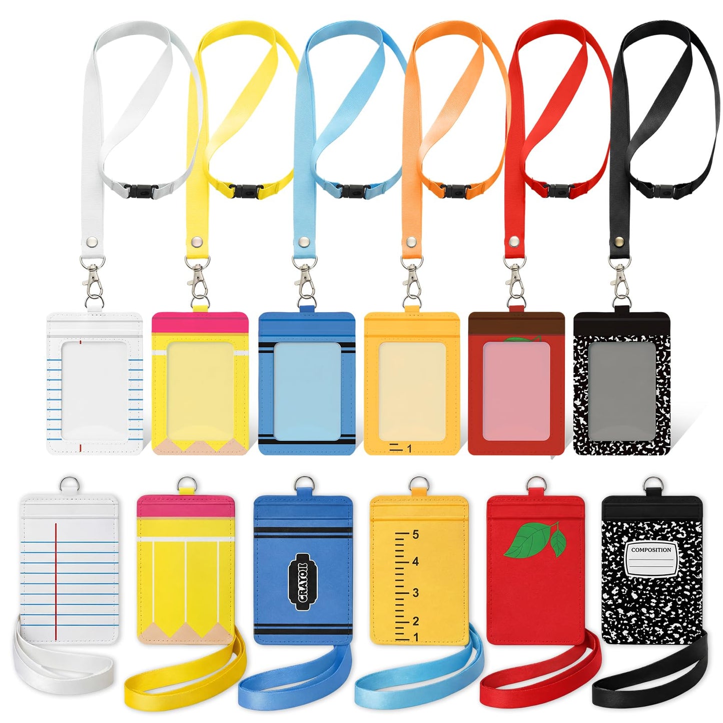 Harloon 6 Pcs Teacher ID Badge Holder with Lanyard Teacher Appreciation Gifts PU Cute Composition Notebook Pencil Crayon Apple ID Badge Holder for Teachers' Day Stuff Office Graduation Gift (Colorful)