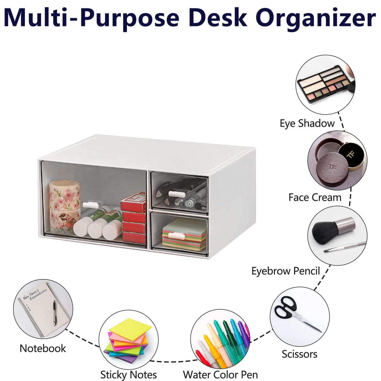 Desk Organizer Stackable Storage Drawers with 3 Compartments Stackable Drawers Great for Desk Storage, Makeup Storage Bathroom Organization Accessories Etc (White)