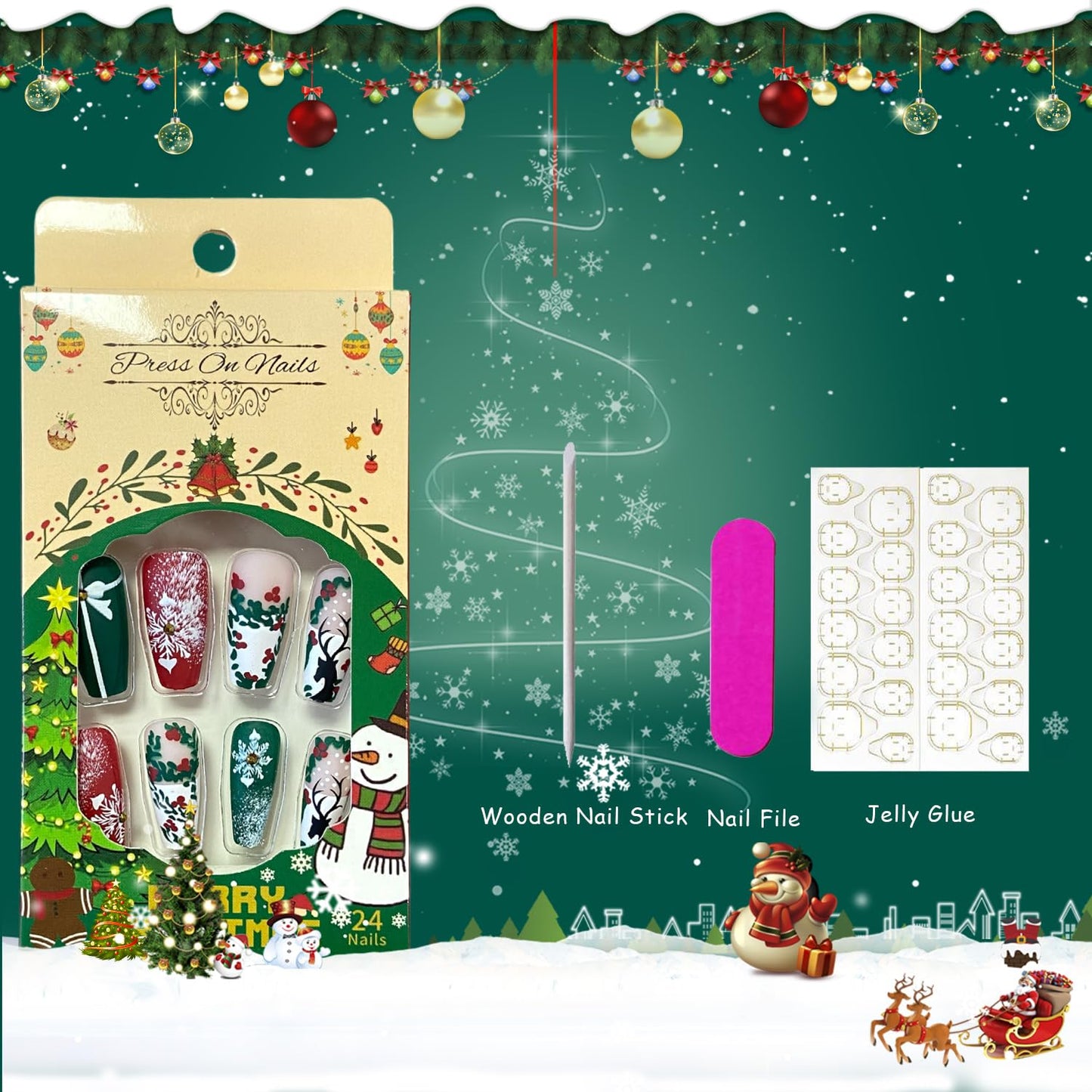 Christmas Press on Nails Medium Coffin Fake Nails With Elk Snowflake Bow Designs Xmas Red Green Matte False Nails Full Cover Stick on Nails Winter Artificial Nails for Women Glue on Nails 24 Pcs