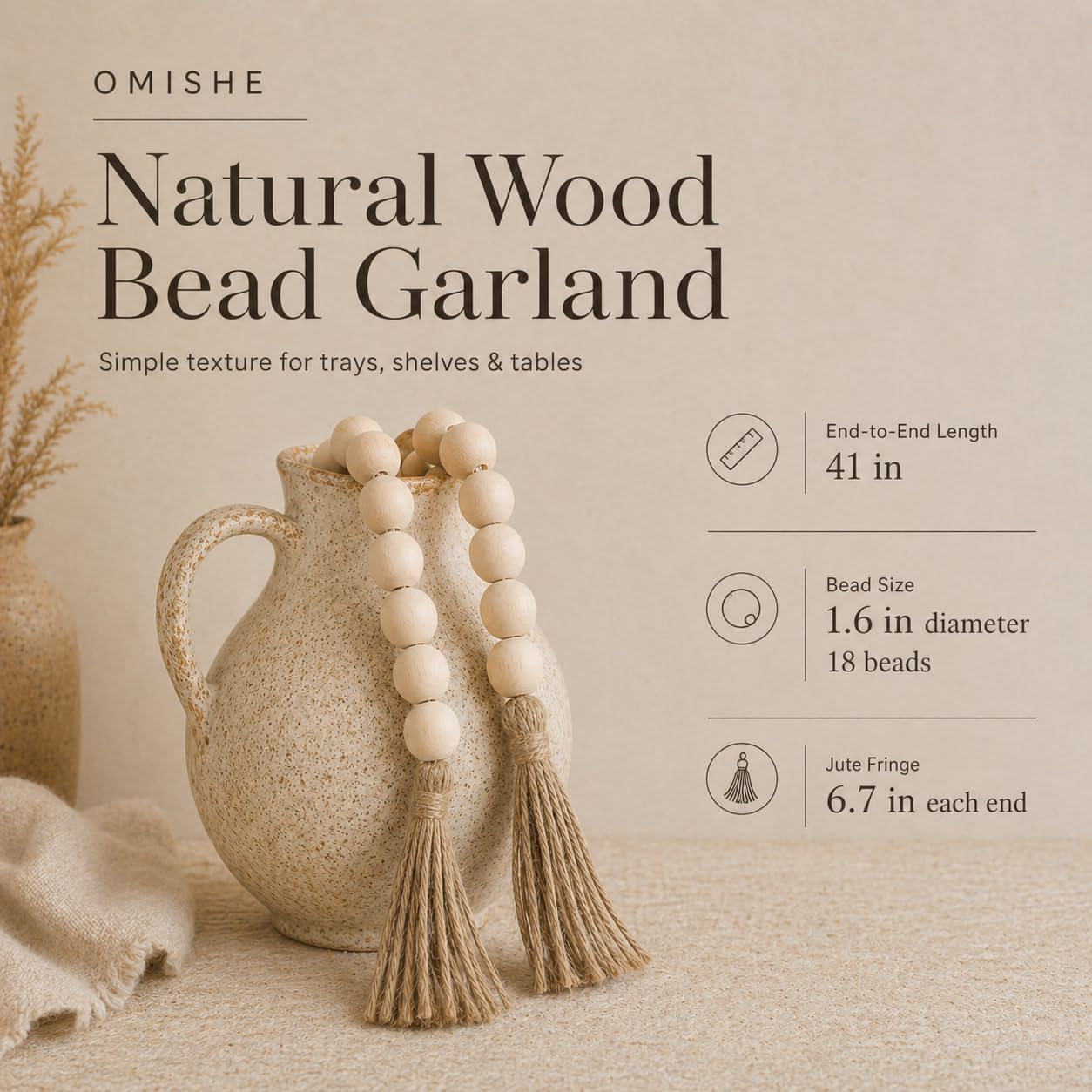 OMISHE Extra Large Wood Bead Garland with 1.6" Diameter Wooden Beads and Tassels, 41" Long Rustic Farmhouse Country Decorative Beads for Home Tiered Tray Decor, Natural Beige
