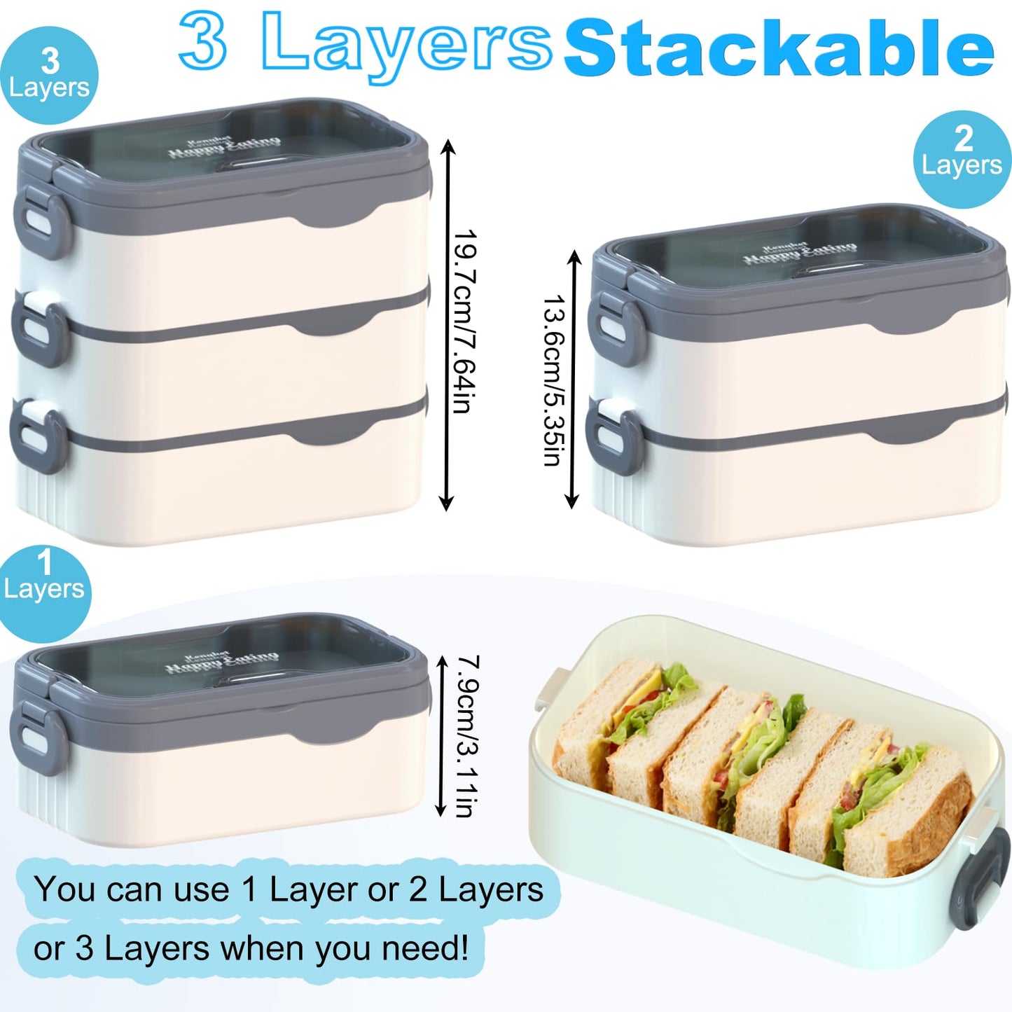 Kenuket Bento Box Adult Lunch Box, Stackable 3 Layers Large Capacity Lunch Containers, Microwave and Dishwasher Safe Food Grade Containers with Utensils, Dividers and Sauce Boxes for Men, Women, Kids