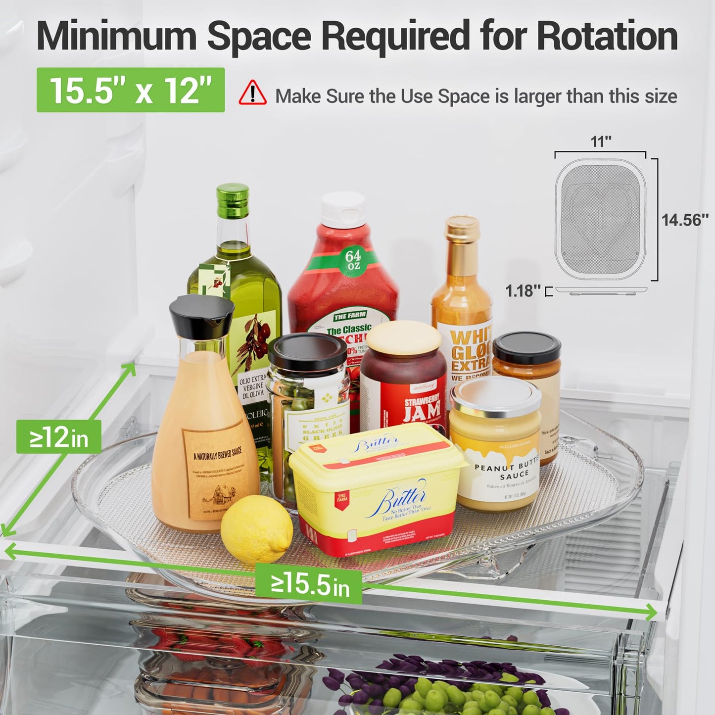 LAMU Lazy Susan Organizer 14.56''x11'' for Refrigerator Organizers and Storage Fridge Organization, Turntable Condiment Organizer for Kitchen, Table Top, Cabinet, Pantry, Countertop, 1 Pack
