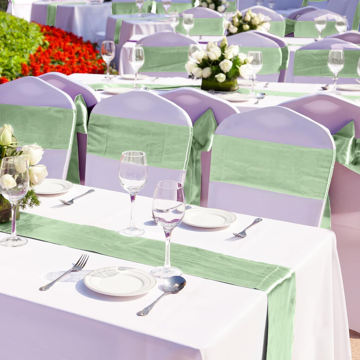 Aneco 12 Pack Satin Table Runner 12 x 108 Inch Sage Green Long Wedding Satin Silk Spring Table Runner for Wedding Banquet Graduations Birthday Party Decoration