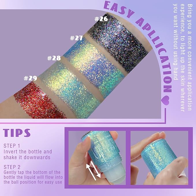 HOSAILY Roll-on Red Body Glitter Gel for Face Hair, Christmas Holographic Face Paint Glitter Mermaid Makeup, Sparkling Chunky Sequins Festival Party Rave Accessories Shimmer Makeup