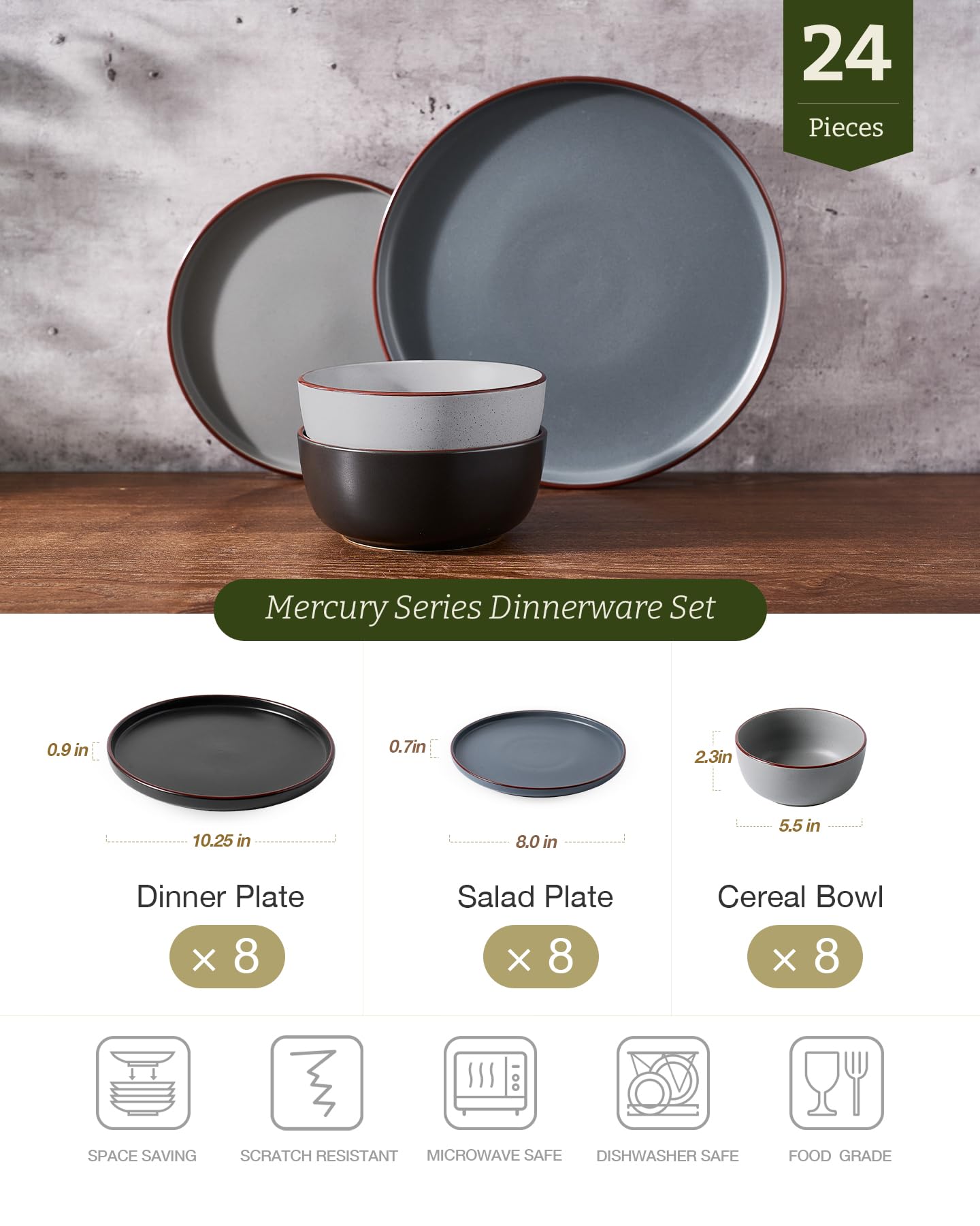 Famiware Mercury 24 Pieces Dinnerware Sets, Plates and Bowls Sets for 8, Microwave and Dishwasher Safe Dish Set, Multi-color