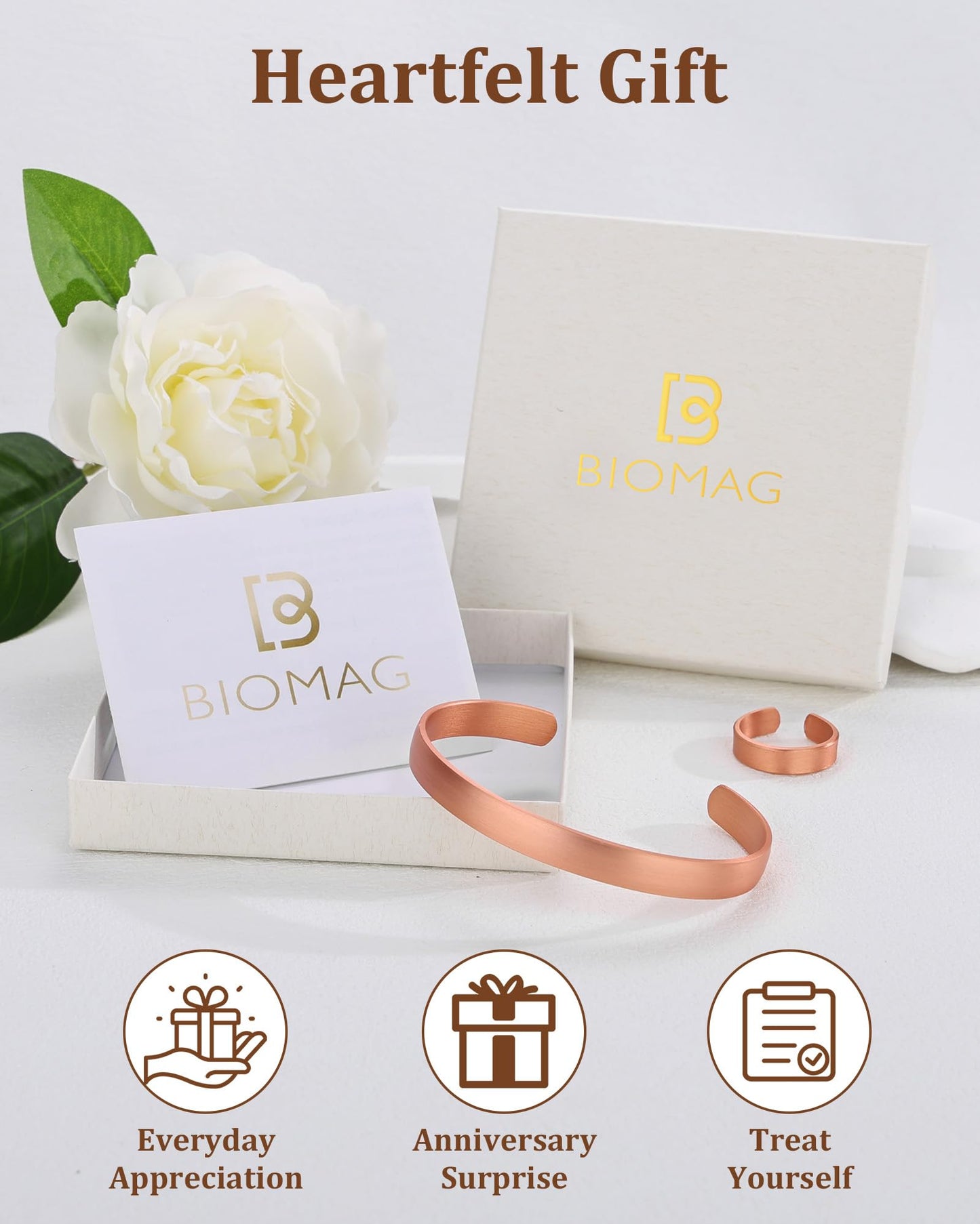 BioMag Pure Copper Bracelet & Ring for Women Men, 99.99% Solid Handmade Copper Cuff Bangle, Adjustable Jewelry Gift with Gift Box