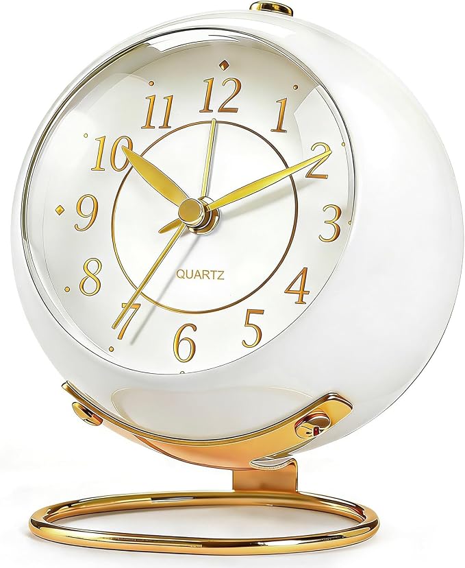 Analog Alarm Clock, Retro Small Desk Clock with Night Light, Backlight Cute Simple Metal Design, Silent Non-Ticking, Battery Powered, for Bedroom,Travel,Kitchen,Bedside Desktop Decor