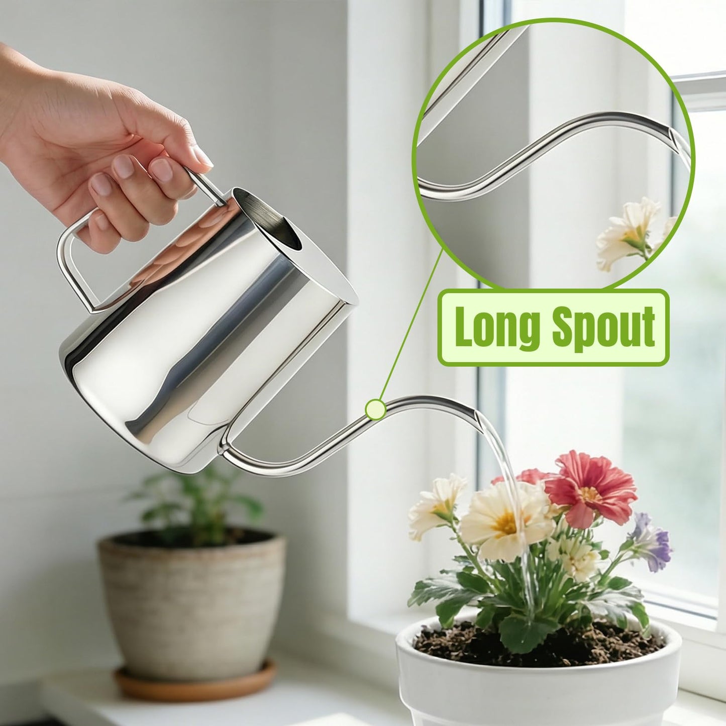 Ratrabas 34oz/1000ml Watering Can Indoor Plants with Long Spout, Plant Watering Can for Ergonomic Handle, Rust-Resistant & Durable 304 Stainless Steel, Office & Home