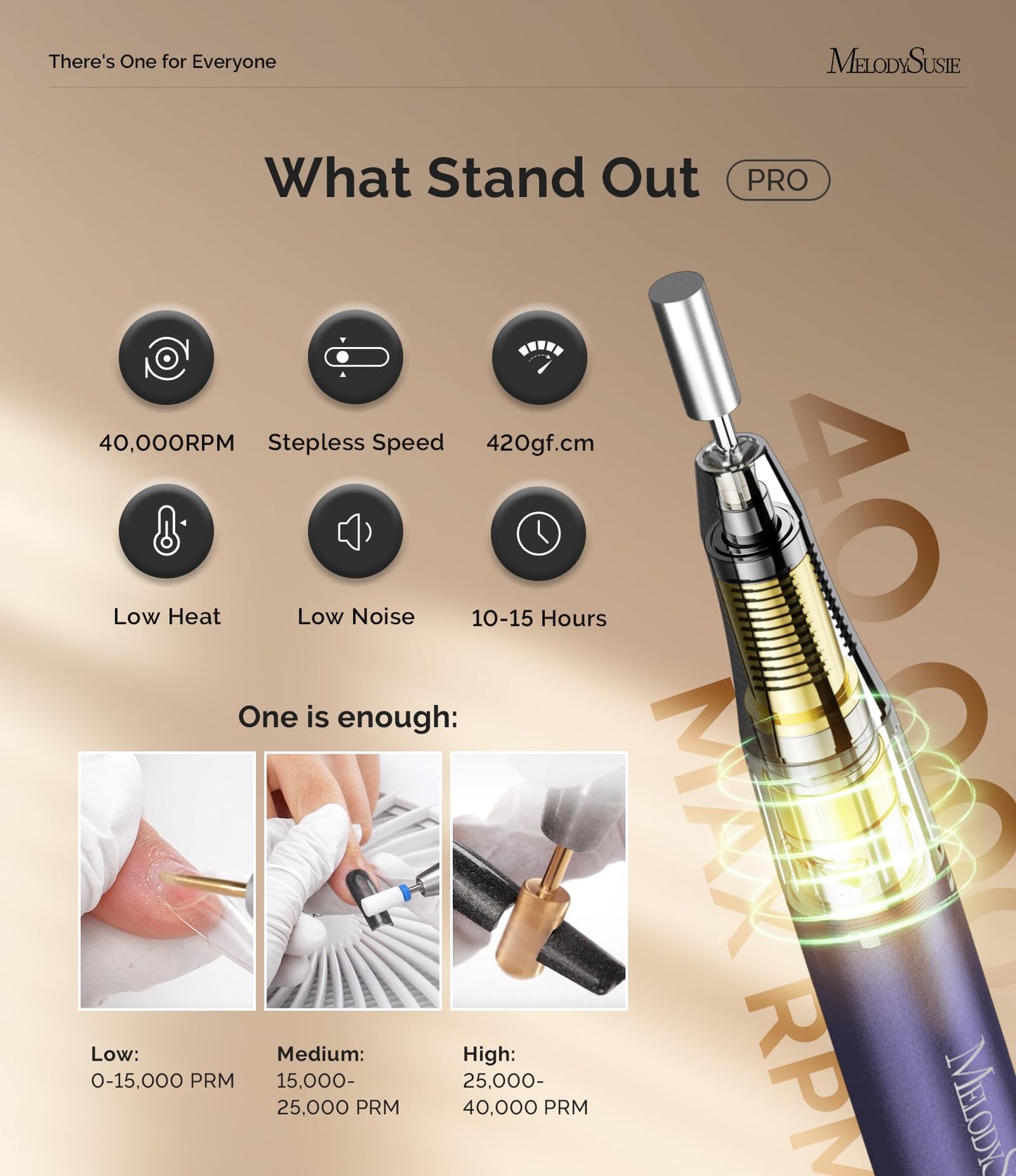 MelodySusie Professional Clip-On Rechargeable Nail Drill with Adjustable Built-in Stand and Premium Motor, MB420G 40000RPM E-File with Max Speed for All Manicure Shaping & Gel Removal for Salon Use
