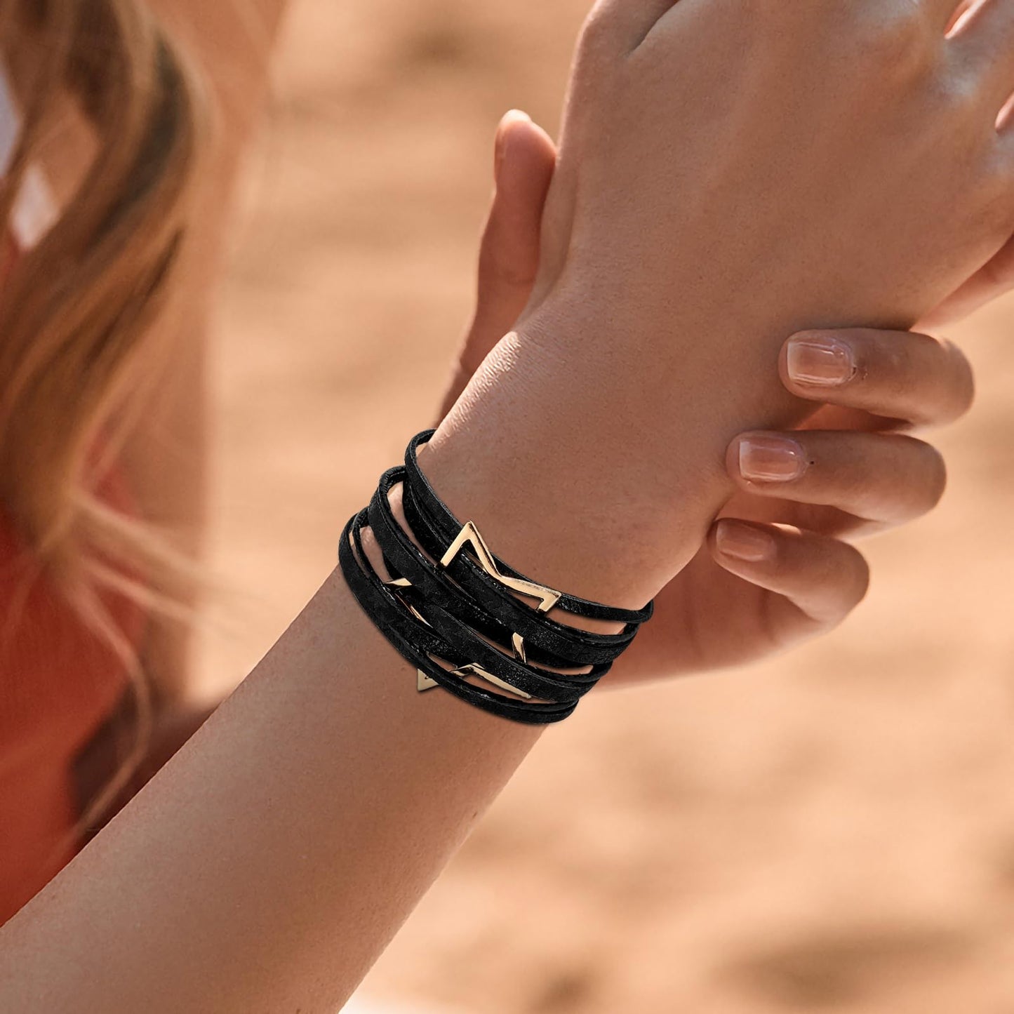 Leopard Bracelet for Women, Boho Leather Wrap Multi-Layer Pearl Crystal Bracelet Bangle Jewelry (Star Leather(Black))