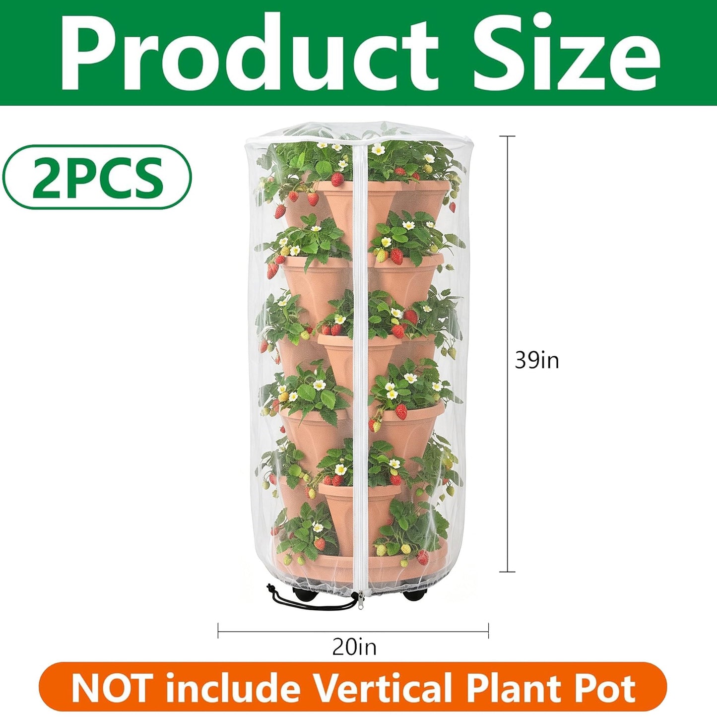 2 Pcs Vertical Plant Pot Insect Netting with Zipper, 39"x20" Stackable Planter Garden Net Cover, 3 to 5 Tier Planter Pot Insect Bird Barrier Protection Mesh for Strawberry Herb Flower Fruit Vegetable