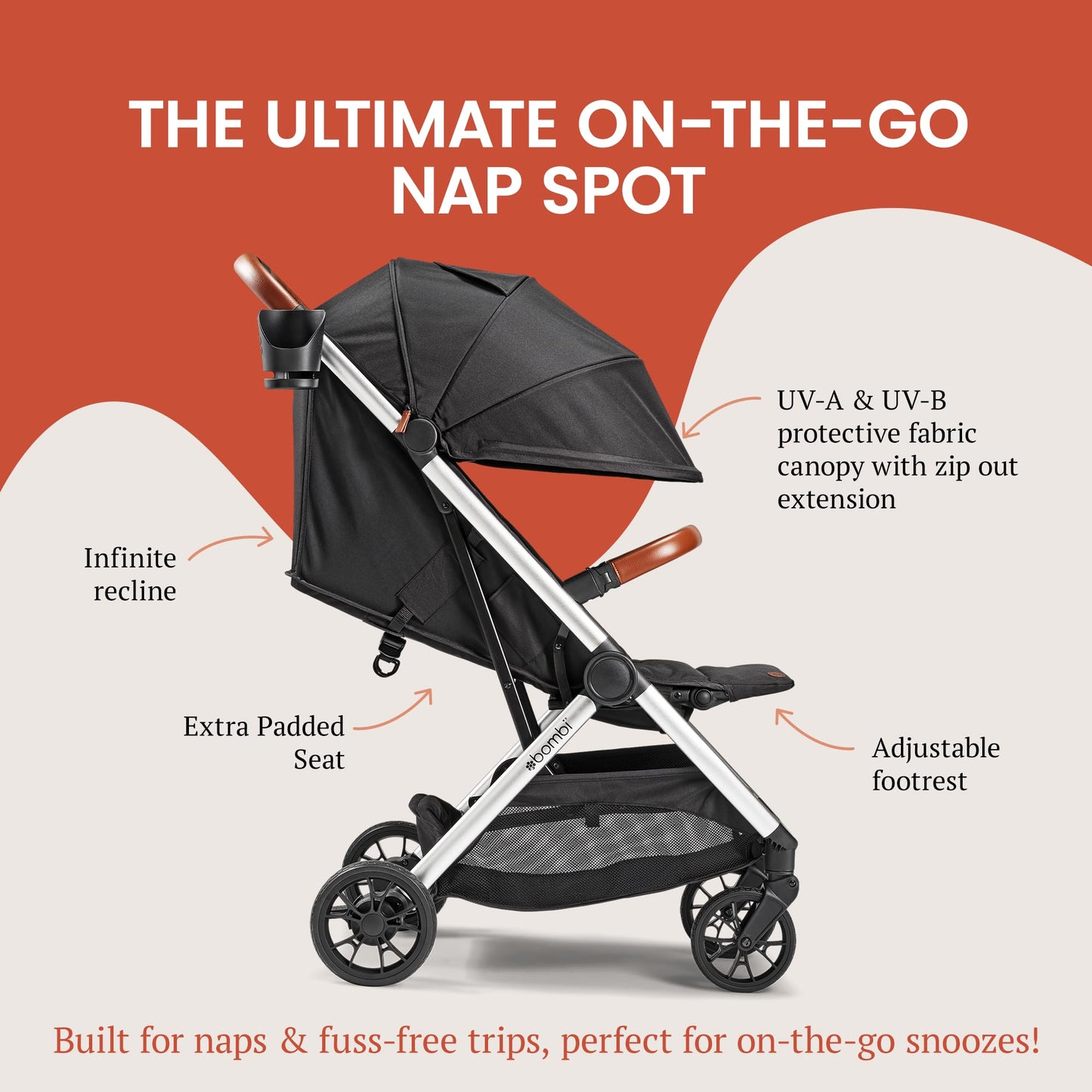 Bombi Bēbee V2 Lightweight Baby Stroller - Premium Vegan Leather, One-Hand Fold, Infinite Recline, Aircraft-Grade Aluminum Frame, XXL Canopy, and Ample Storage Umbrella Stroller - Sand