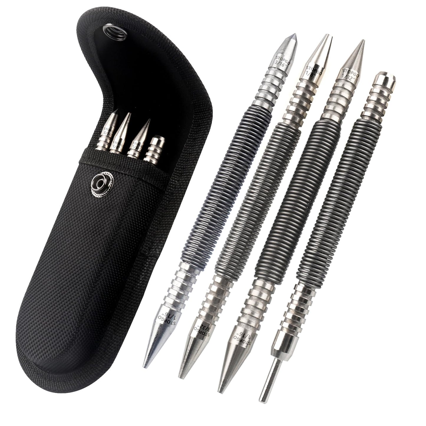 LSTOPGO Spring Nail Set with Size Marked,Spring Loaded Center Punch,4pcs Dual Head Nail Setter,Hammerless Door Hinge Pin Removal Tool（1/8-in, 3/32-in, 3/16-in, 1/16-in, 1/32-in, 1/8-in）