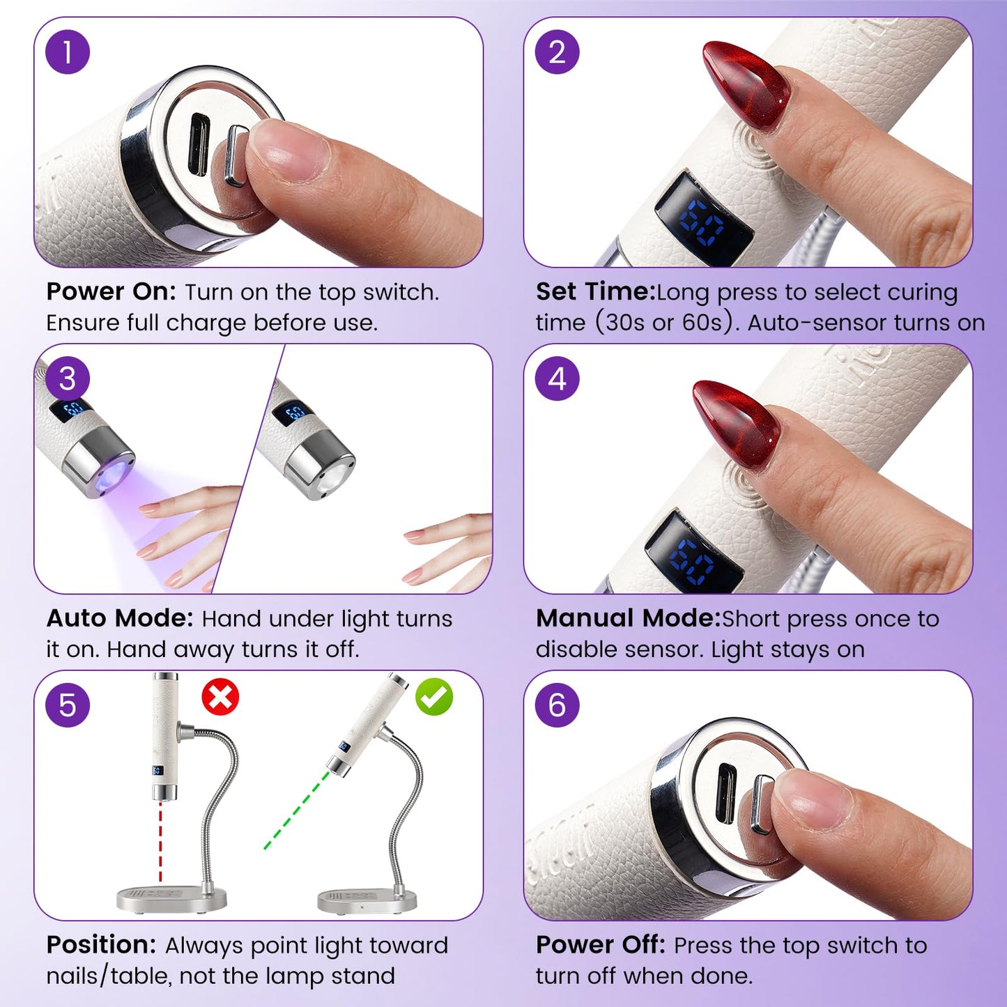 Rosiour Mini UV Lamp for Gel Nails- Rechargeable Handheld Nail U V Led Curing Light with Stand- Flash Cure Fast Dry UV Lamp with Auto Sensor for Home Manicure and Salon (Purple)