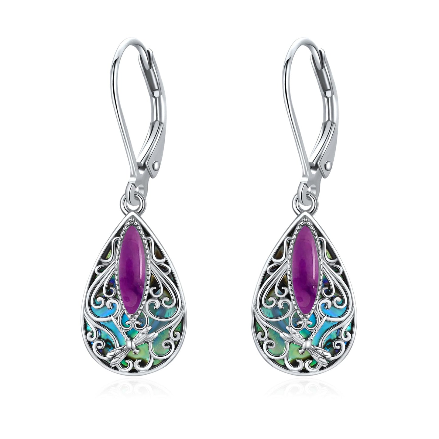 Dragonfly Filigree Earrings Sterling Silver Teardrop Amethyst Leverback Earrings Gifts For Women Jewelry