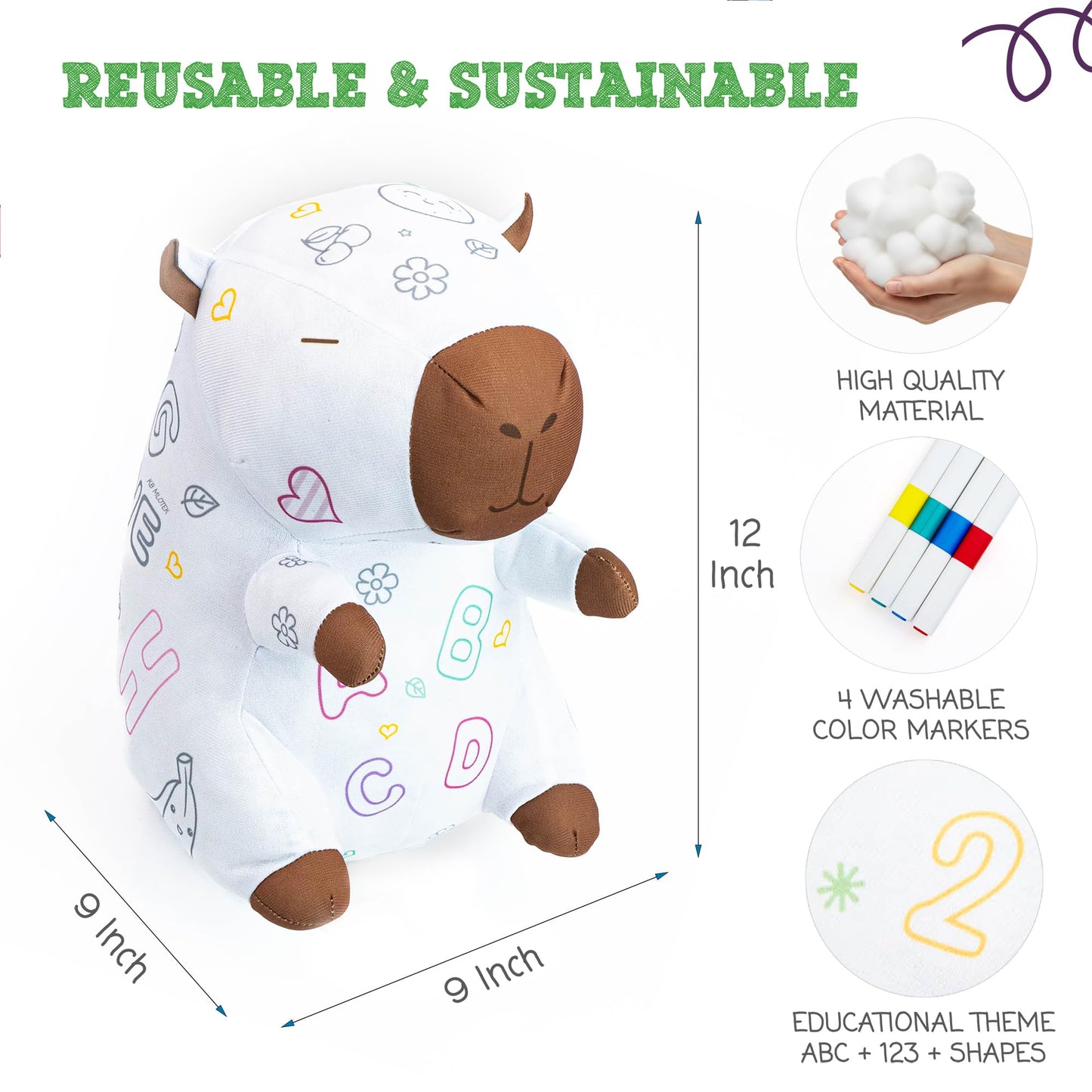 KB Mlotek Capybara Coloring Plush Toy - Washable Doodle Stuffed Animal with Traceable Numbers & Letters - Color Me Plush Includes 4 Markers - Educational Reusable Draw on Stuffed Animal Doodle Doll