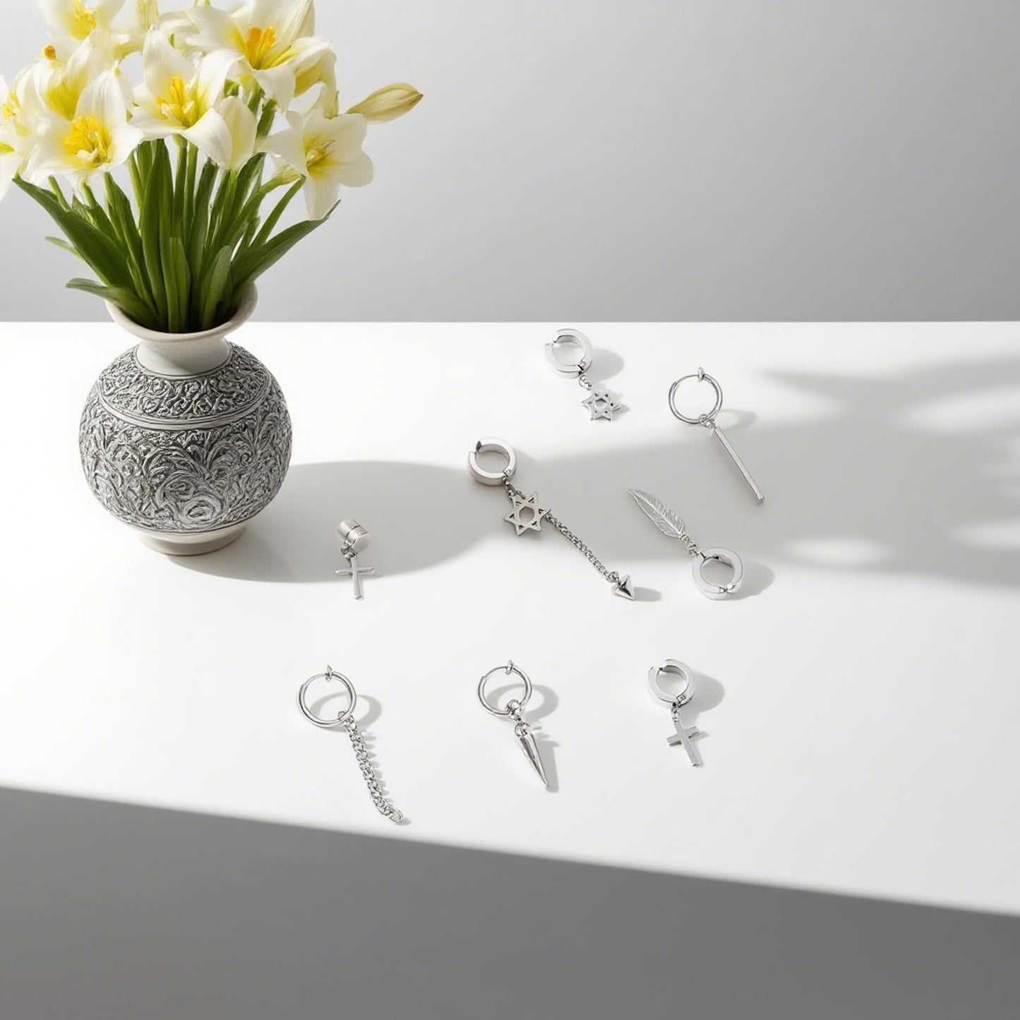14 Pcs Silver Goth Stainless Steel Non Pierced Fake Piercing Cross Feather Spike Awl Star of David Dangle Tassel Clip on Hoop Earrings Set Jewelry for Unisex