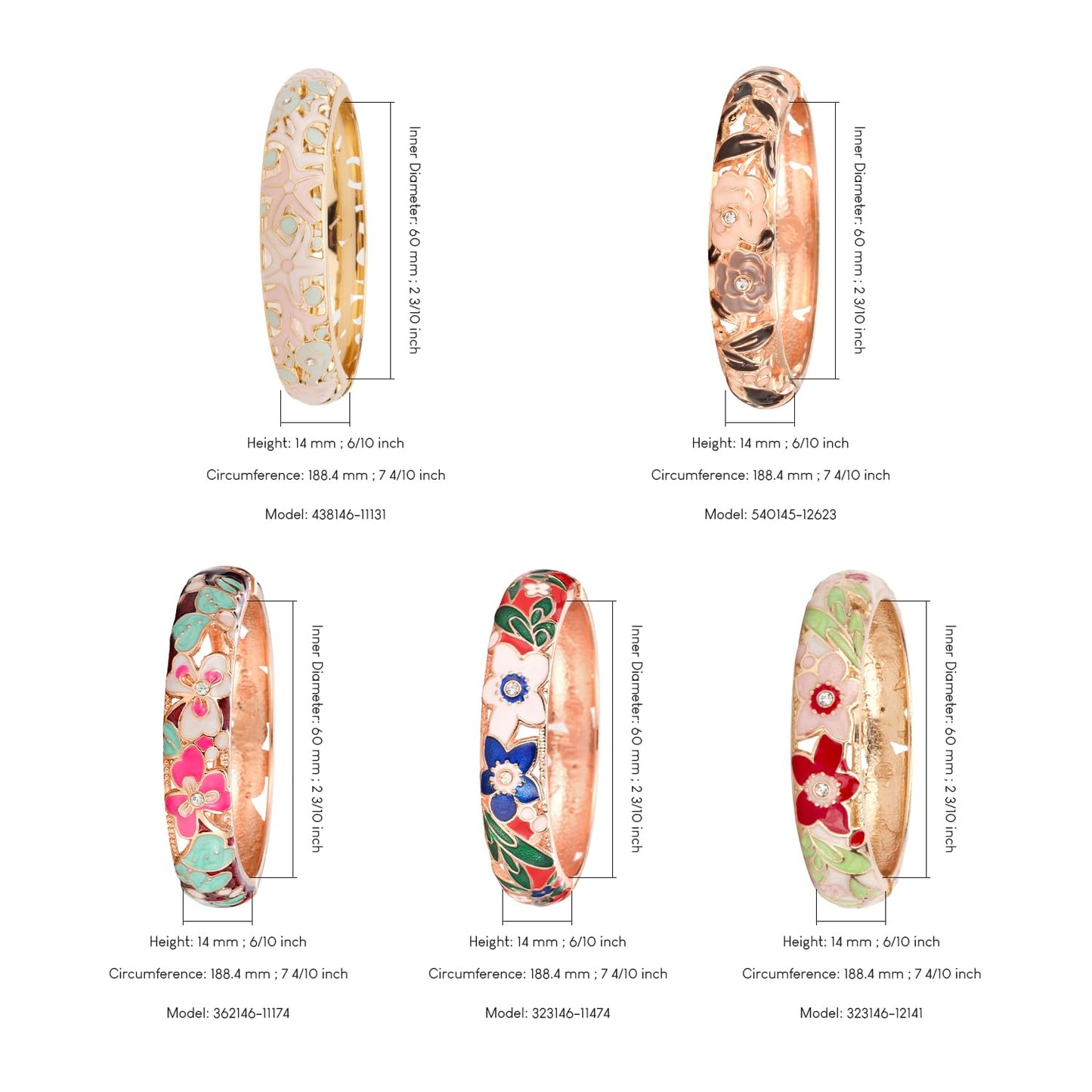 UJOY Bangles 5 Pcs Enamel Jewelry Set Rose Gold Flower Engraved Cloisonne Bracelets Pack in a Box 5PCS-88A
