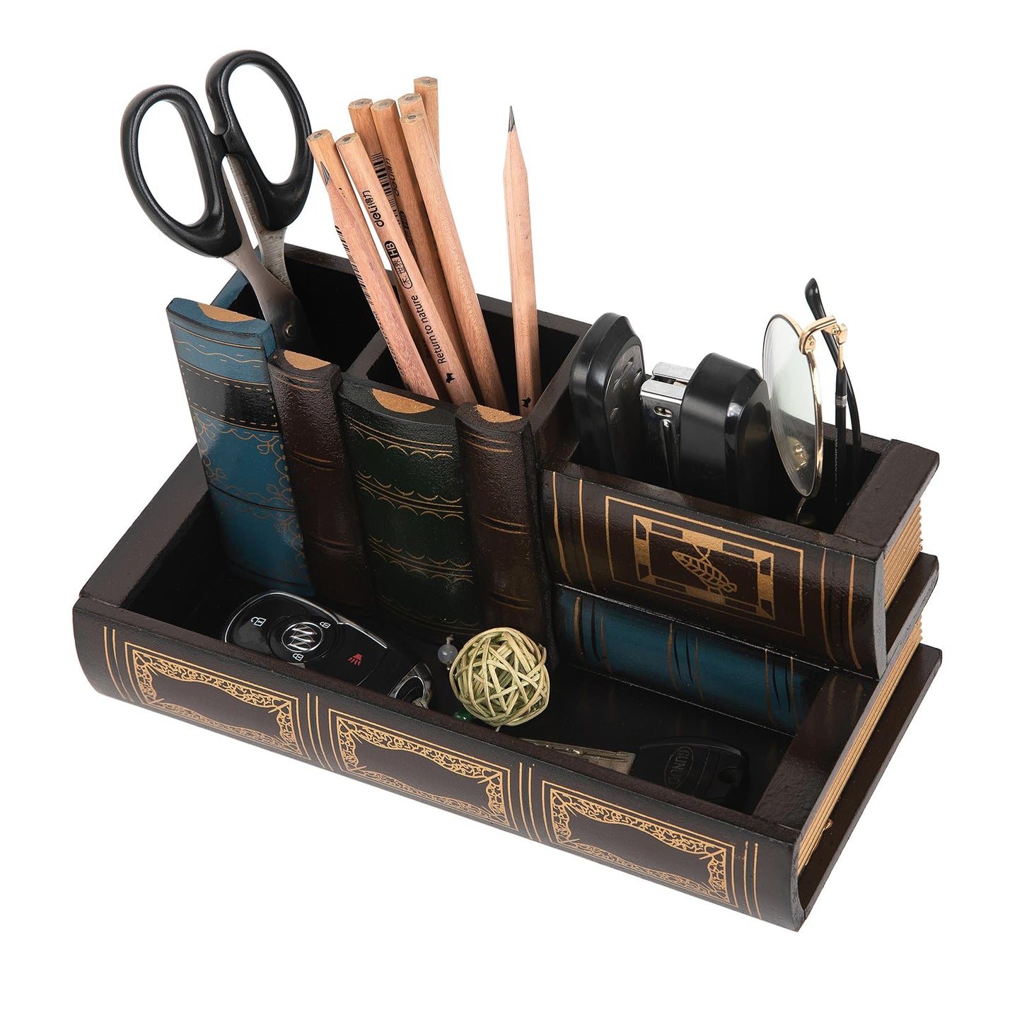 VERGOODR Decorative Pencil and Pen Holder with Storage Drawer, Wooden Desk Organizer Caddy, Antique Library Books Design Pen Cup for Office Supplies, Countertop, Desk,Table (Reddish brown)