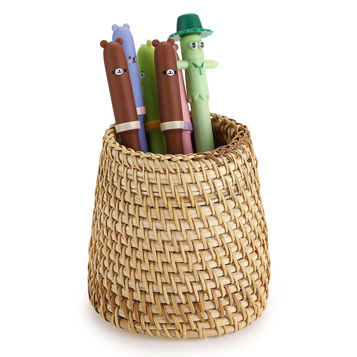 BTSKY Rattan Pen Cup, Handmade Desk Pencil Holders Makeup Brush Holder Multi-Functional Woven Basket Office&Home Desktop Organizer(Cone)