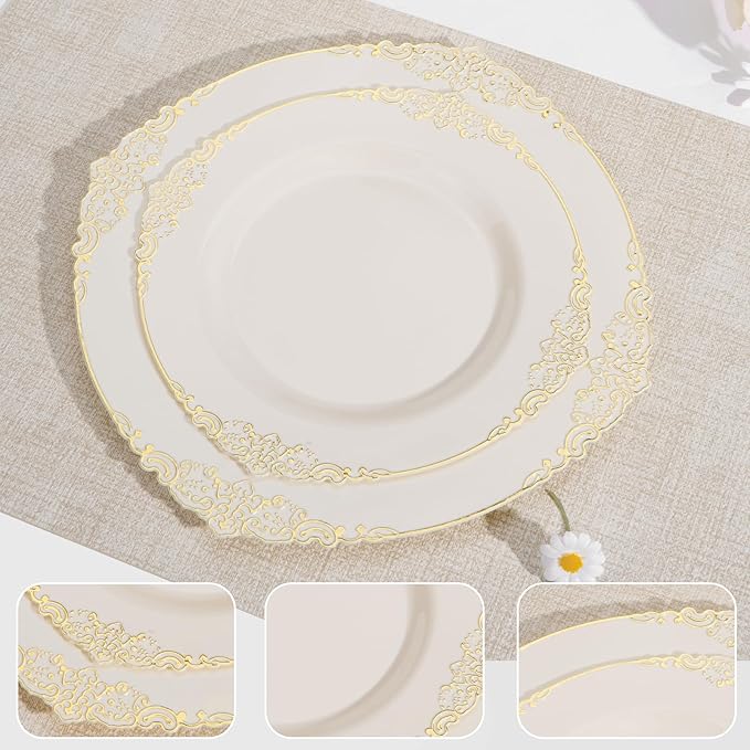 100 PCS Ivory and Gold Plastic Plates for 50 Guests, Gold Disposable Plates Include 50 PCS Dinner Plates, 50 PCS Dessert Plates for Party, Wedding and Graduation (100, Ivory White)