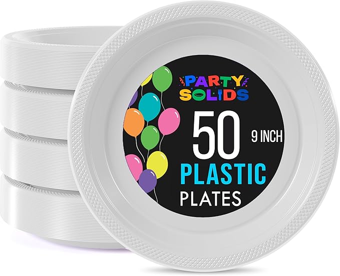 Exquisite 9 Inch White Plastic Dinner Plates - 50 Count Heavy Duty Disposable Set for Parties