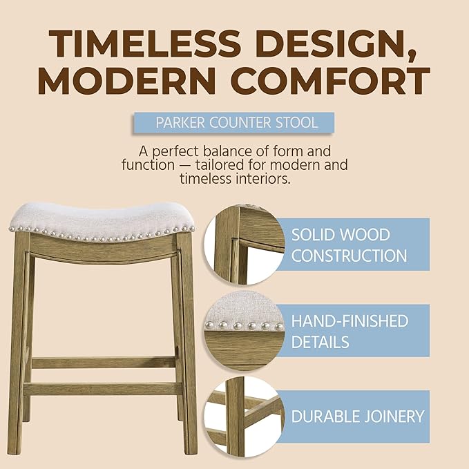 ROME + OAK Set of 3 Parker 26" Counter Stool, Backless Saddle Kitchen Barstool in Natural Wood Finish with Wheat Cream Fabric Upholstery Cushion Seat