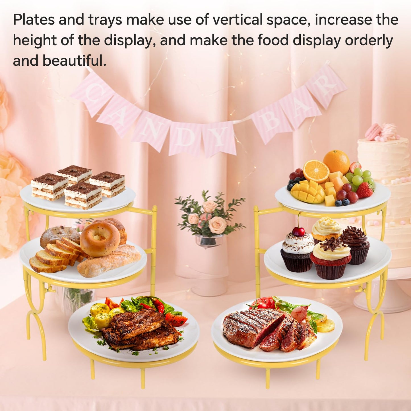 2 Set 3 Tiered Serving Stand with White Porcelain Plate Rotatable Dessert Table Display Set 10'' Round Tiered Serving Trays & Platters for Fruit Cake Cookie Dessert 2 Stand + 6 Plates