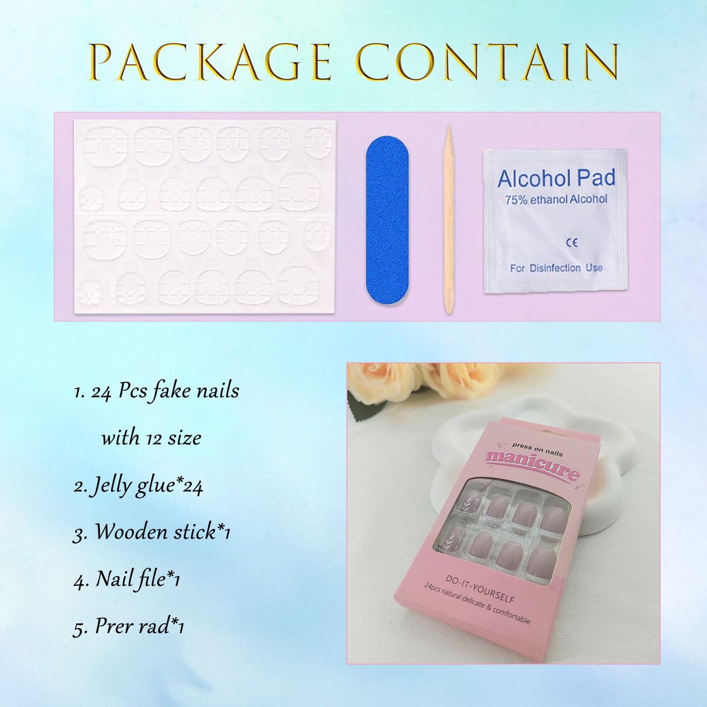 Press on Nails Short Square White French Tip Fake Nails Press ons with Glitter Leaves Designs Acrylic Nails Glossy Glue on Nails Light Purple Full Cover Stick on Nails for Women 24 Pcs