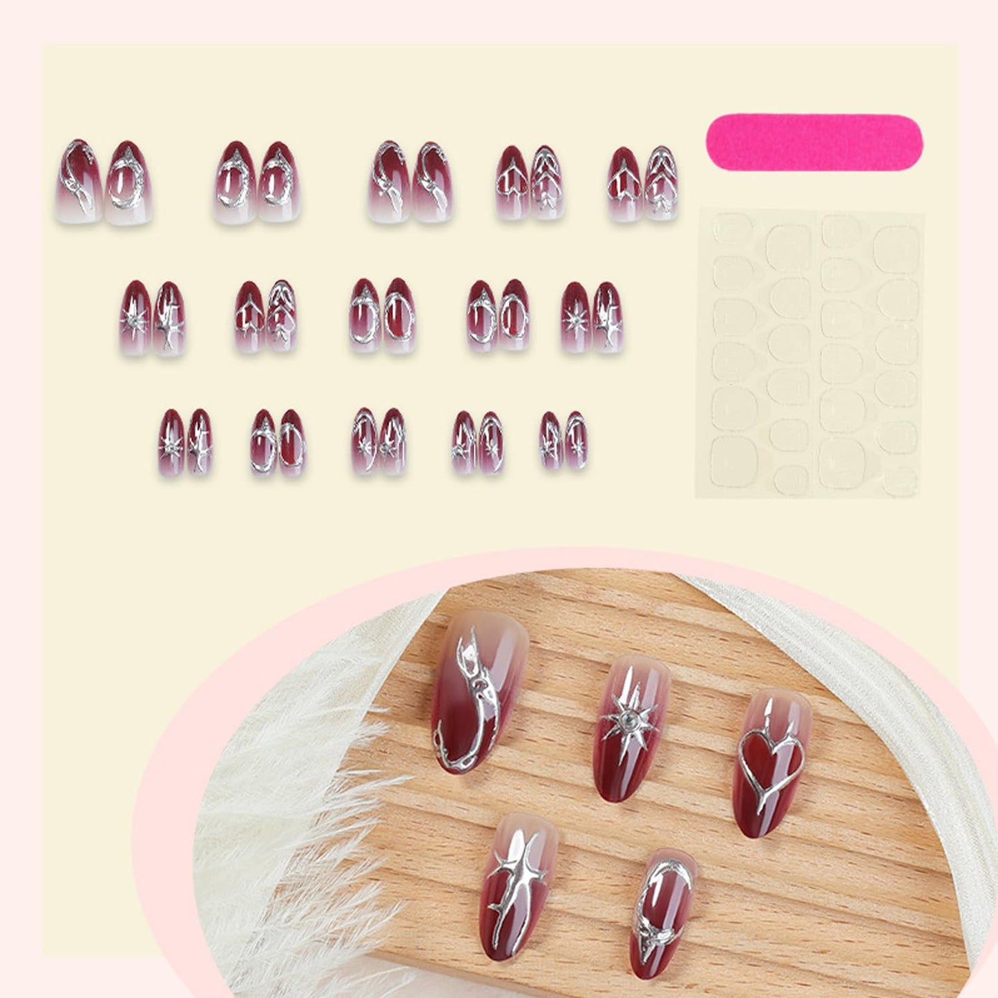 24Pcs Chrome Silver Press on Nails Medium Almond Fake Nails with 3D Rhinestone Design Valentine False Nails Silver Irregular Line Acrylic Nail Red Gradient Full Cover Heart Star Glue on Nail for Women