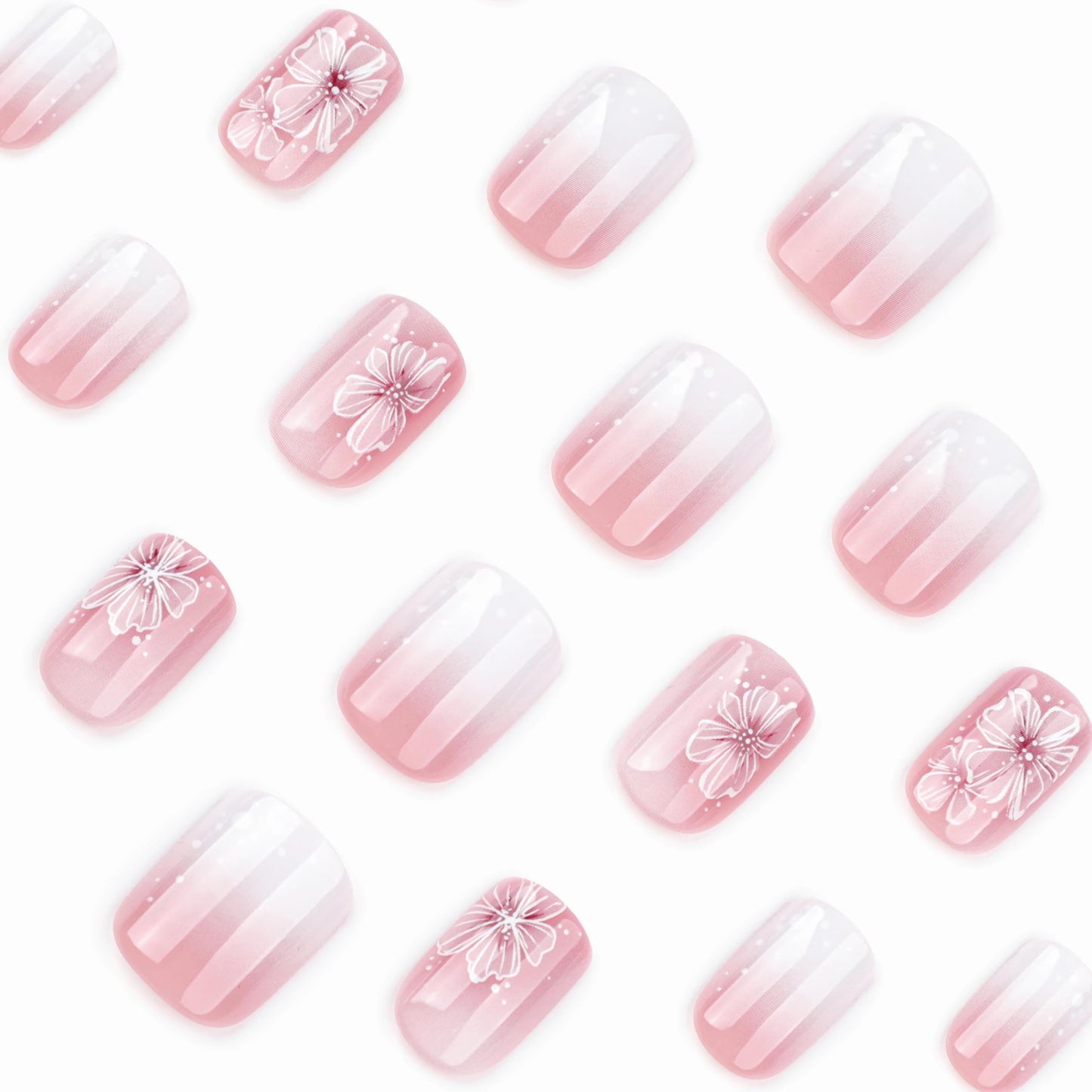 BABALAL Short Nails Press on Square Fake Nails Pink White Ombre Glue on Nails Flower Natural Acrylic Nails Design False Nails Art 24Pcs Squoval Full Cover Artificial Nails for Women Girls