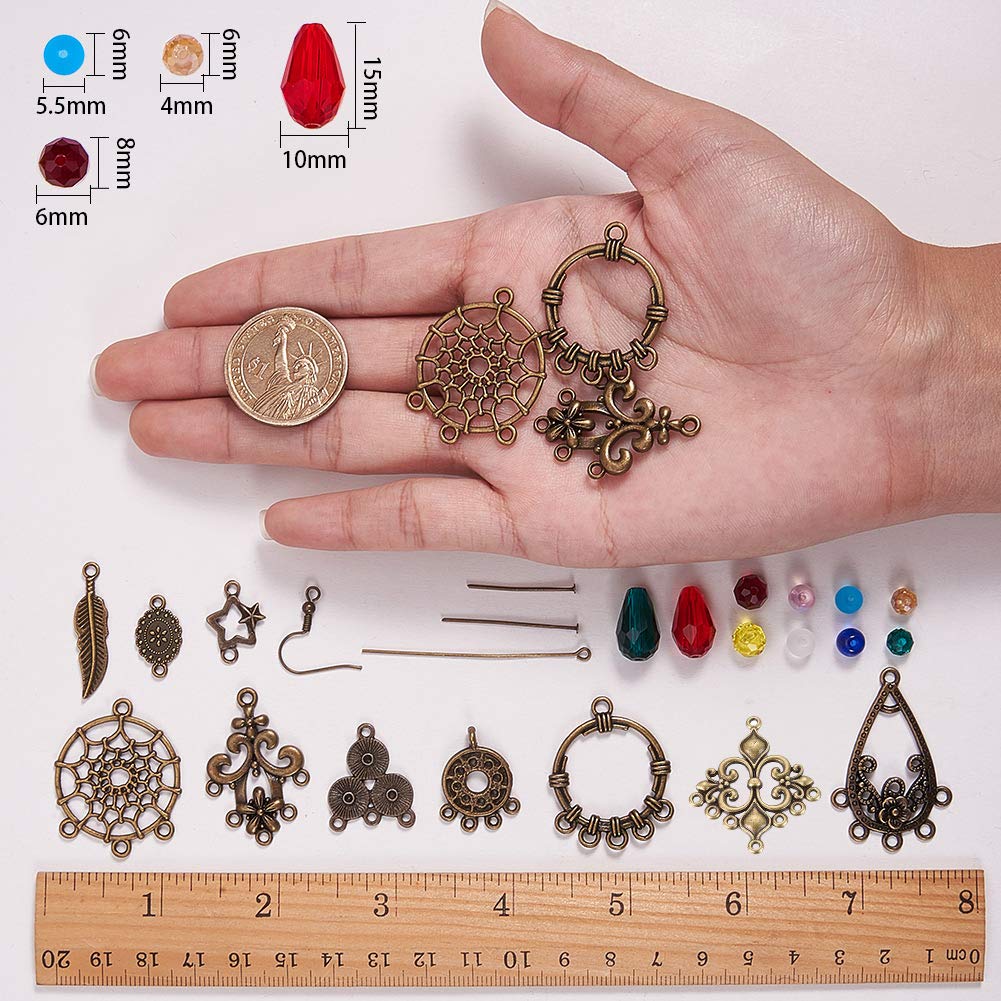 SUNNYCLUE 1 Box DIY 10 Pairs Chandelier Bohemian Earring Making Kit Earring Connector Feather Charms for Jewelry Making Kit Faceted Glass Beads Dream Catcher Links Leaf Assorted Bead Instruction