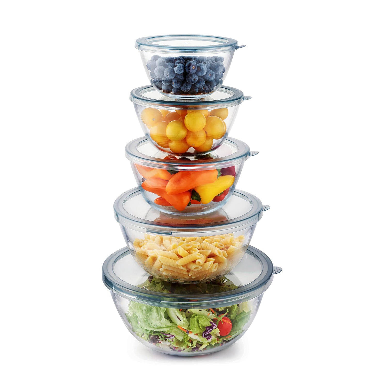 Cuiselect 5pc Glass Mixing Bowls with Lids Set (4.65QT, 2.80QT, 1.64QT, 1.16QT, 0.85QT), Nesting Salad Bowl, Large Glass Mixing Bowl for Cooking, Baking, Prepping-Dishwasher Microwave Freezer Safe