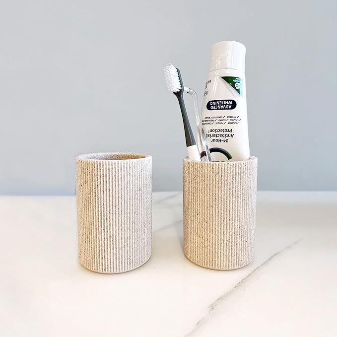 Small Sand Beige Toothbrush Holder for Bathroom Countertop, Modern Boho Farmhouse Style, Multi-Purpose Organizer, Rust-Proof Unbreakable Resin Cup