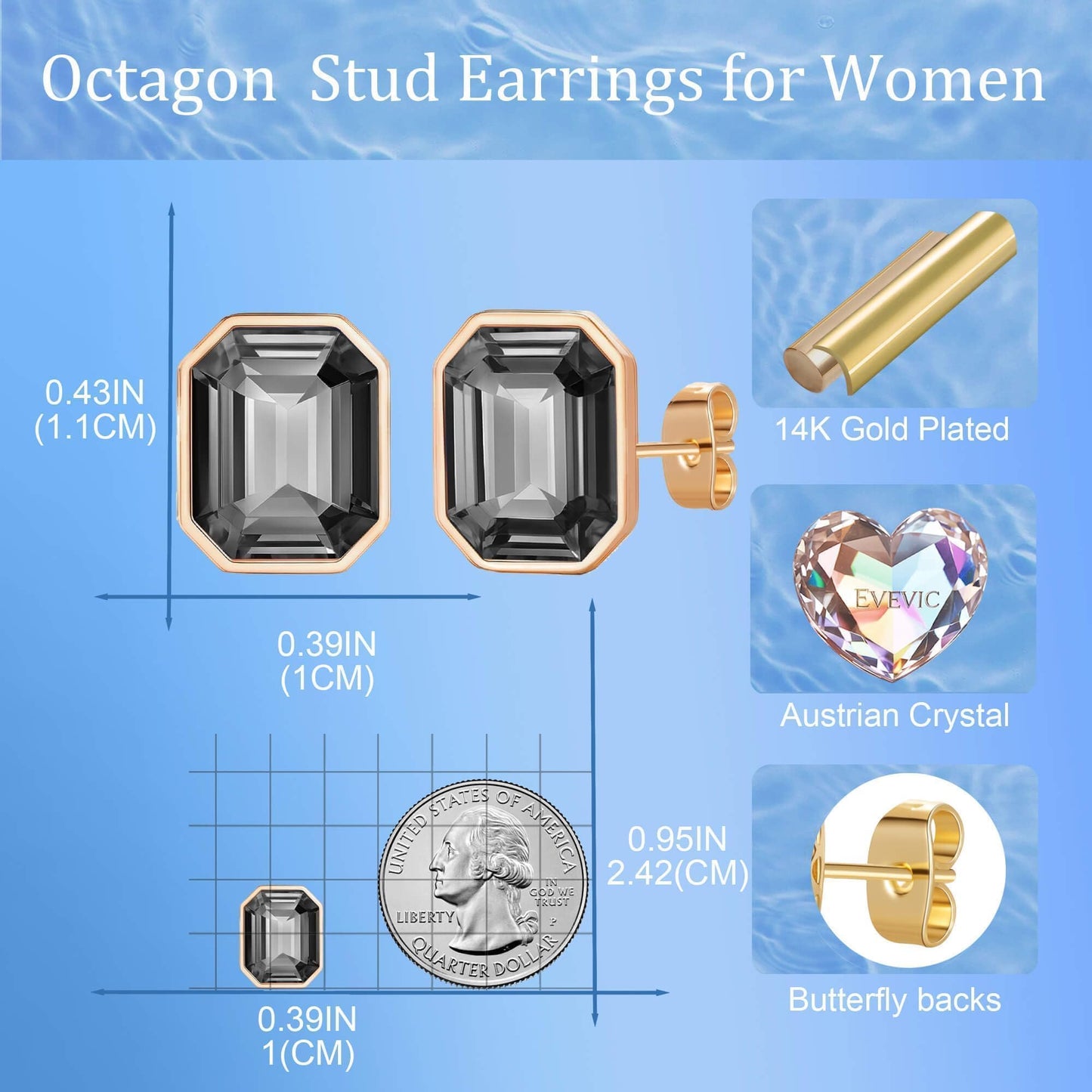 Austrian Crystal Octagon Stud Earrings for Women Fashion 925 Sterling Silver Post Hypoallergenic Jewelry (Black)