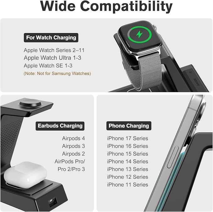 ANJANK 4 in 1 Wireless Charging Station Alarm Clock, Charging Dock for Apple Devices, Charger Stand for iPhone 17 Air 16 15 14 13 12 Series for Apple Watch 11 10 9 8 7 6 5 UItra/SE & AirPods, Dimmable