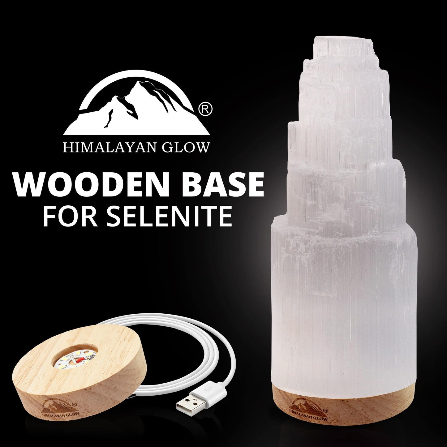 Himalayan Glow Selenite Crystal Lamp 20cm, Hand Curved Morocco |Skyscraper| Crystals and Healing Stones,(ETL Certified) with Wooden Base & USB Charging Cable For Healing Cleansing & Meditation