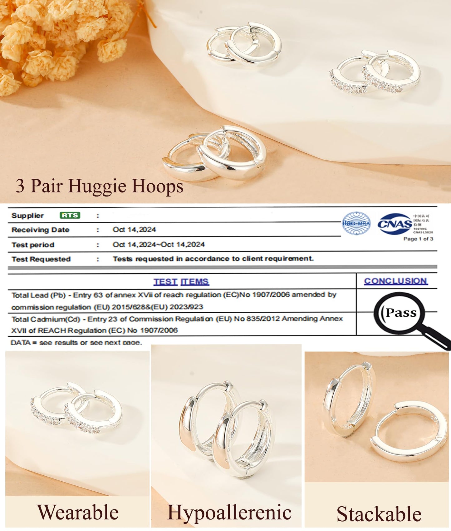 DORANA Sterling Silver Earrings for Women Non Tarnish Small Huggie Earrings 925 Hypoallergenic Cartilage Stackable Sleeper Hoops Silver Stacks Sets for Multiple Piercing,3 Pairs