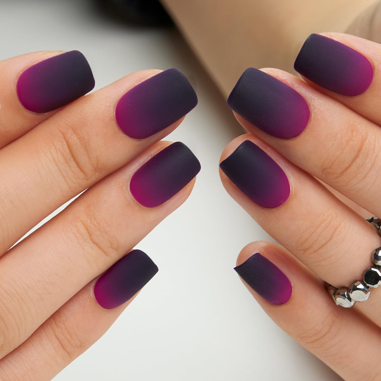 Curvlife Press on Nails Short Square Acrylic Fake Nails with Design Full Cover False Nails Reusable Nail Kit with Glue on Nails (Frosted Purple, 30pcs)