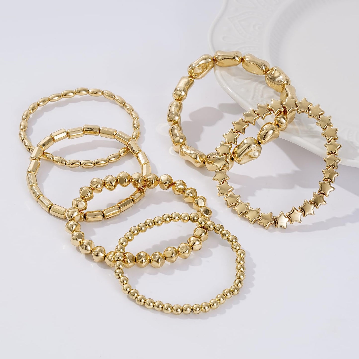Sajidos Gold Plated Beaded Bracelets for Women Trendy, 14K Gold Plated Stack Cross Pearl Bead Stretch Bracelets Set Elastic Hypoallergenic Bracelets Jewelry Gifts (style2)
