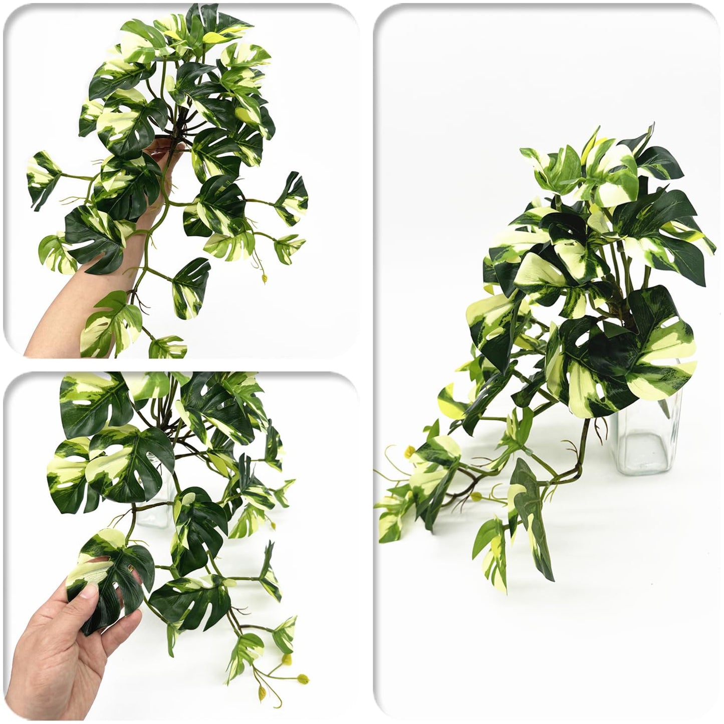 Fake Plants Hanging Small Faux Potted Ivy Vine Artificial Monstera Mini Faux Tropical Plants Greenery for Bathroom Office Table Pot Indoor Outdoor Decor Windowsill Shelf DIY Decoration - White 2 Pack