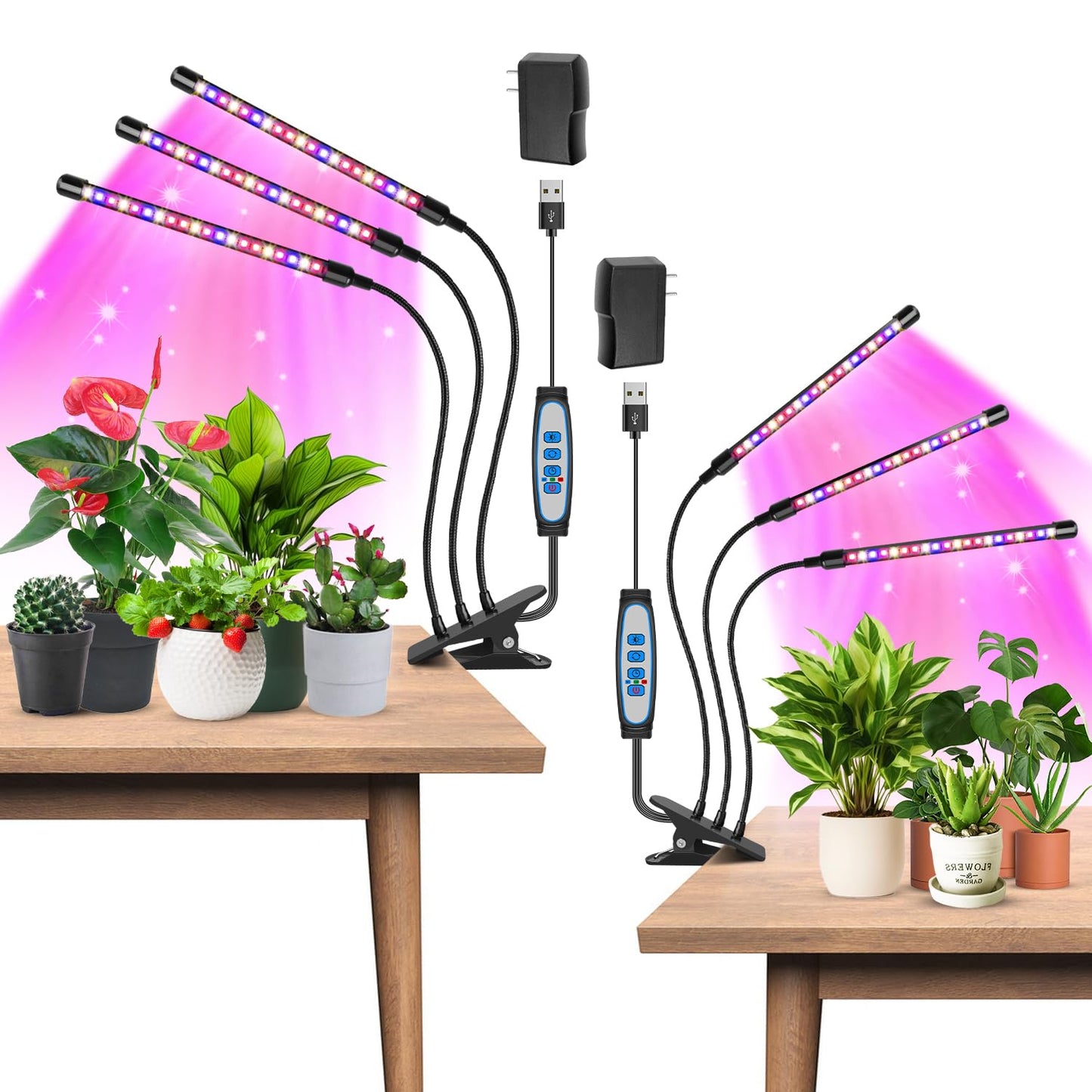 Garpsen Led Grow Light, 2PCS 3 Heads Full Spectrum Clip Plant Light for Indoor Plants, 120 LEDs Grow Lights, with 3 Switch Modes & Auto ON/Off 6/12/16H Timer, 5 Dimmable Levels (Red Blue Warm White)